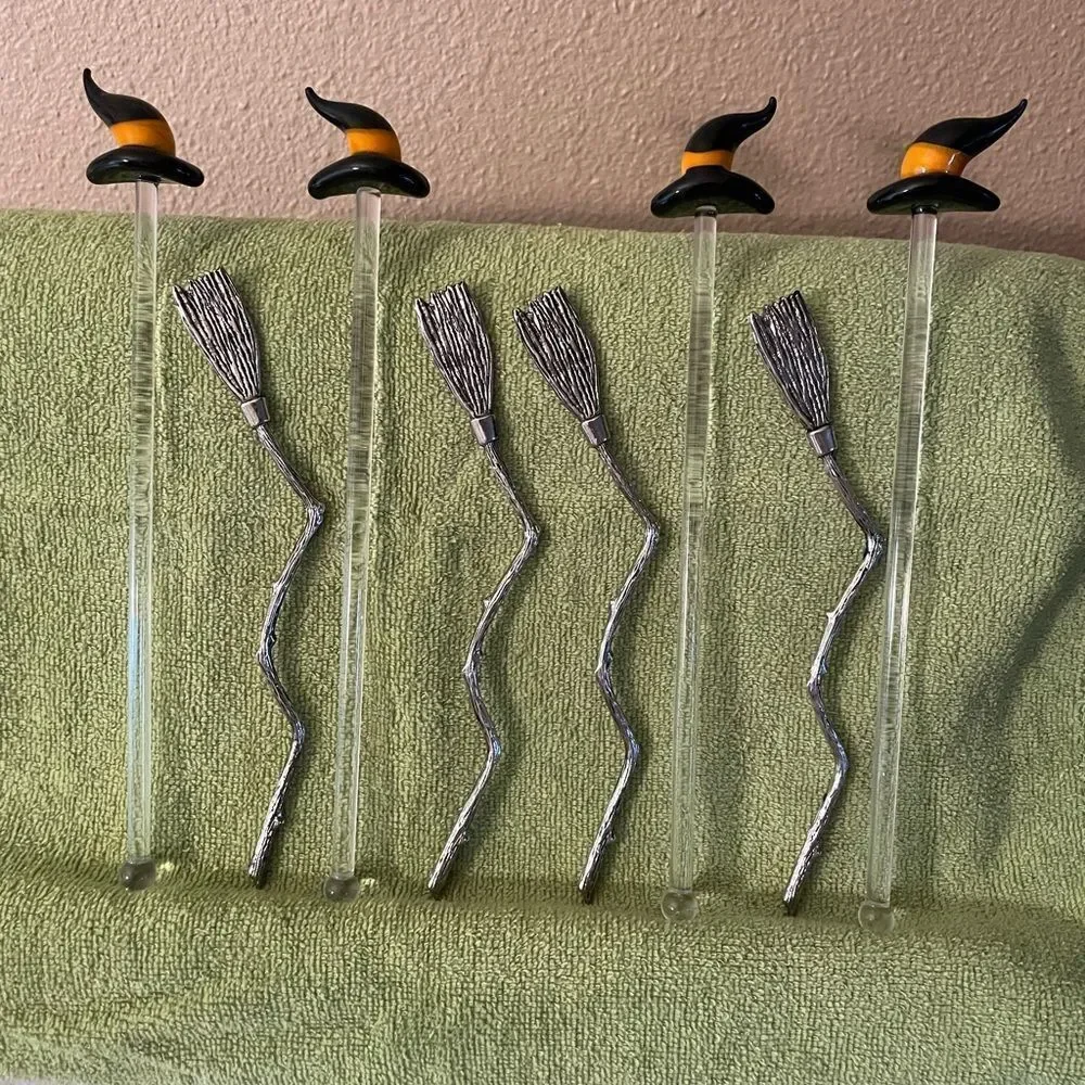 Blown Glass Witch Hat Stir Sticks Metal Broom Stir Sticks lot of 8!